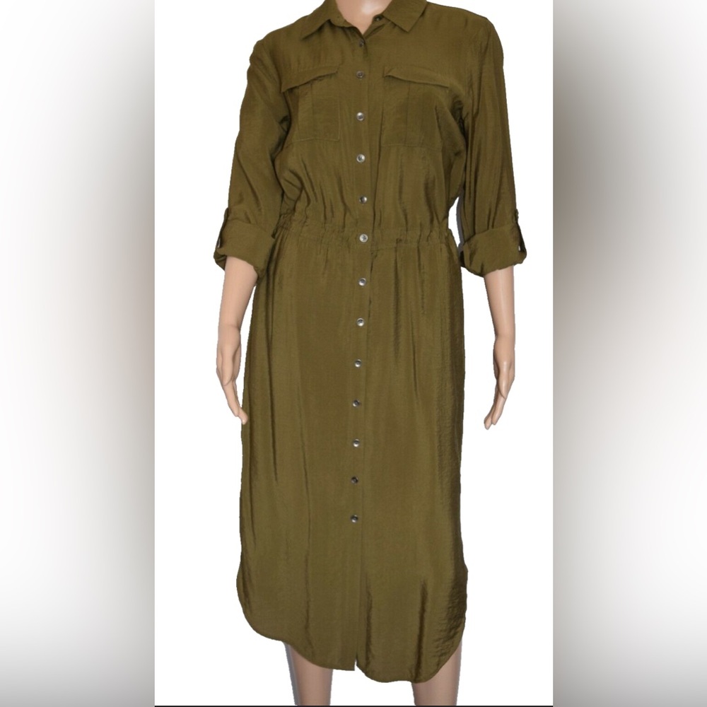 Anthropologie Maeve Olive Roll Up Sleeve Shirt Dress Adjustable Cinch Waist 4